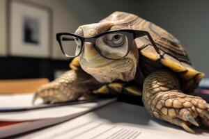 tortue dans des lunettes lent Bureau ouvrier génératif ai photo