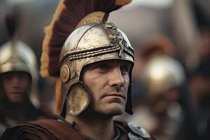 portrait de romain soldat. ancien guerrier dans bataille. établi avec génératif ai photo