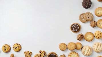 bannière avec biscuits. copie espace, Haut voir, Contexte. génératif ai. photo