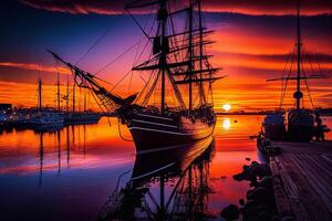 le coucher du soleil sur Sud mer coloré dessin animé composition avec voile bateau près rocheux rivages illustration ai photo