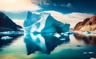 la glace paysage avec montagnes, rochers et mer, minimaliste moderne Voyage affiche. ai photo