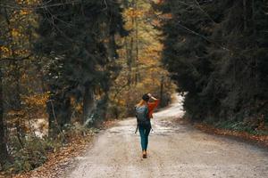 femme voyages dans l'automne forêt sur le route paysage grand des arbres sac à dos modèle photo