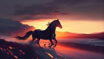 une cheval galopant dans le le coucher du soleil image génératif ai photo