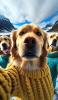 une groupe de le plus mignon d'or retriever prise selfie sur une magnifique vue génératif ai photo