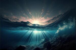 Profond mer ou en dessous de le Profond l'eau horizon Soleil des rayons génératif ai photo