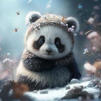 mignonne bébé Panda avec hiver Fée Contexte photo