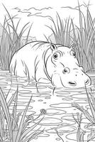 mignonne hippopotame coloration page pour enfants. noir et blanche. génératif ai photo