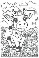 coloration livre page pour enfants. vache isolé sur blanc Contexte. noir et blanche. génératif ai photo