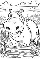 mignonne hippopotame coloration page pour enfants. noir et blanche. génératif ai photo