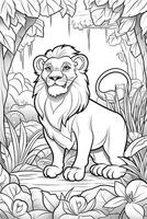 coloration livre page pour enfants. Lion isolé sur blanc Contexte. noir et blanche. génératif ai photo