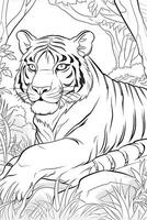 coloration livre page. dessin animé animaux pour enfants, tigre. génératif ai photo