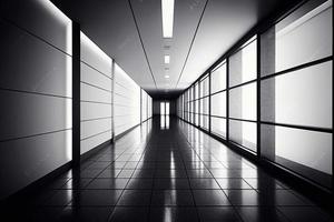 hôtel, clinique ou hôtel salle avec noir et blanc couleur. couloir avec des portes dans la perspective voir. ai photo