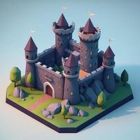 médiéval Château 3d paysage avec tours et des arbres. numérique illustration. ai photo