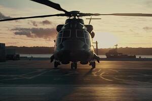 militaire hélicoptère sur navire de guerre planche à le coucher du soleil. marine hélicoptère sur planche le avion transporteur dans le mer. établi avec génératif ai photo