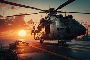 militaire hélicoptère sur navire de guerre planche à le coucher du soleil. marine hélicoptère sur planche le avion transporteur dans le mer. établi avec génératif ai photo