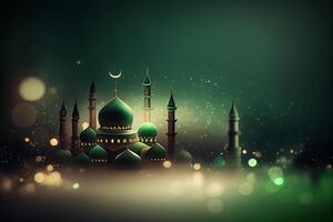 vert islamique Contexte avec mosquée, croissant lune et lumières illustration. génératif ai photo