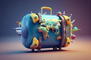 en voyageant autour le monde concept. 3d illustration de une valise avec une monde carte, avion génératif ai photo