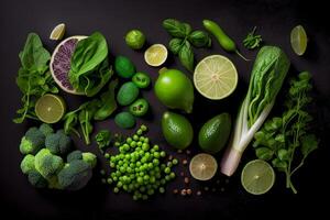 en bonne santé nourriture Ingrédients sur noir Contexte. Haut voir, des légumes modèle, plat allonger génératif ai photo