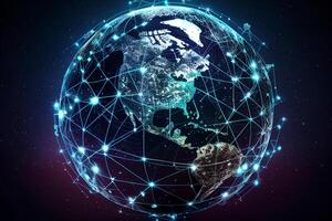 global réseau lien plus de planète Terre. mondialisation concept. 3d le rendu génératif ai photo