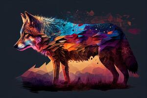 une coloré illustration de une Loup dans une polygonal style sur une foncé Contexte génératif ai photo