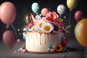 3d anniversaire gâteau avec fleurs avec coloré des ballons, . 3d le rendu génératif ai photo