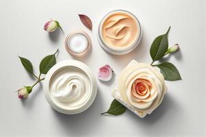 cosmétique crème et des roses sur blanc arrière-plan, Haut voir. beauté traitement génératif ai photo