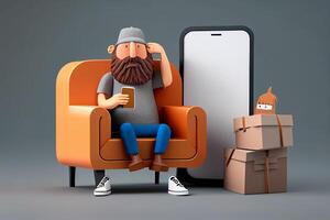 homme avec une barbe séance dans un Orange fauteuil avec une téléphone intelligent génératif ai photo