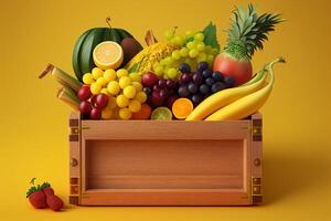 des légumes et des fruits dans une panier sur une Jaune Contexte. génératif ai photo