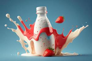 Lait éclaboussure avec fraise isolé sur bleu Contexte. 3d illustration photo