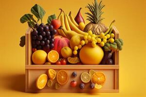 des légumes et des fruits dans une panier sur une Jaune Contexte. génératif ai photo