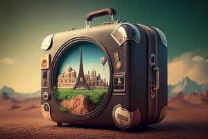 en voyageant autour le monde concept. 3d illustration de une valise avec une monde carte, avion génératif ai photo