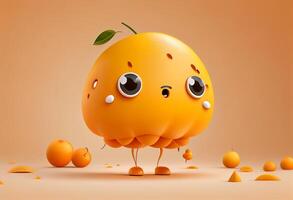 dessin animé citron personnage sur une Orange Contexte. 3d le rendu. génératif ai photo