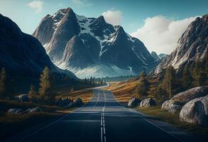 magnifique Montagne paysage avec asphalte route et bleu ciel. 3d le rendu génératif ai photo