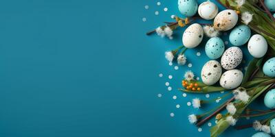 bannière de Pâques Caille œufs, et fleurs plus de bleu Contexte - génératif ai photo