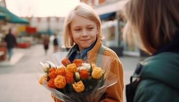 peu garçon en portant fleurs, étreindre le sien mère et célébrer de la mère journée. génératif ai photo