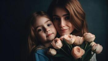 peu fille en portant fleurs, étreindre sa mère et célébrer de la mère journée. génératif ai photo