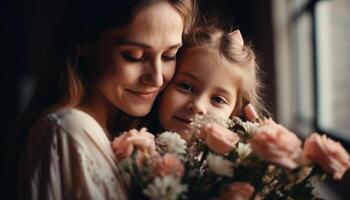 peu fille en portant fleurs, étreindre sa mère et célébrer de la mère journée. génératif ai photo