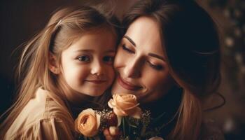 peu fille en portant fleurs, étreindre sa mère et célébrer de la mère journée. génératif ai photo