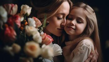 peu fille en portant fleurs, étreindre sa mère et célébrer de la mère journée. génératif ai photo