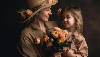 peu fille en portant fleurs, étreindre sa mère et célébrer de la mère journée. génératif ai photo