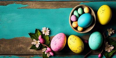 Haut vers le bas vue de Pâques des œufs et bonbons sur minable élégant tableau. génératif ai. photo