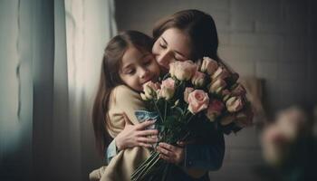 peu fille en portant fleurs, étreindre sa mère et célébrer de la mère journée. génératif ai photo