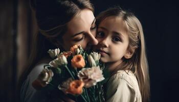 peu fille en portant fleurs, étreindre sa mère et célébrer de la mère journée. génératif ai photo