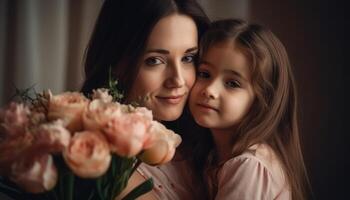 peu fille en portant fleurs, étreindre sa mère et célébrer de la mère journée. génératif ai photo