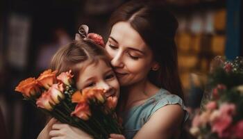 peu fille en portant fleurs, étreindre sa mère et célébrer de la mère journée. génératif ai photo