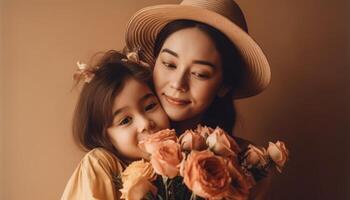 peu fille en portant fleurs, étreindre sa mère et célébrer de la mère journée. génératif ai photo