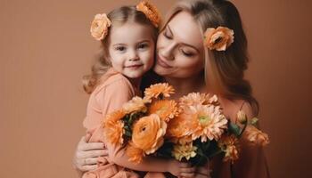 peu fille en portant fleurs, étreindre sa mère et célébrer de la mère journée. génératif ai photo