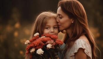 peu fille en portant fleurs, étreindre sa mère et célébrer de la mère journée. génératif ai photo