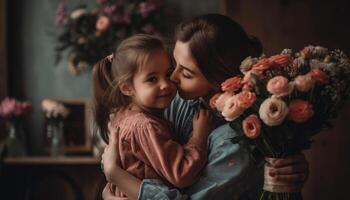 peu fille en portant fleurs, étreindre sa mère et célébrer de la mère journée. génératif ai photo