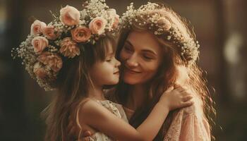 peu fille en portant fleurs, étreindre sa mère et célébrer de la mère journée. génératif ai photo